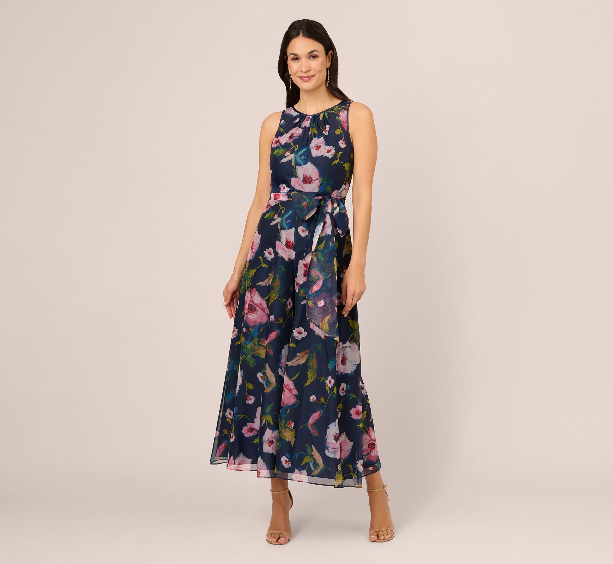 Sleeveless Floral Organza Jumpsuit With Cropped Wide Legs In Navy Multi 1