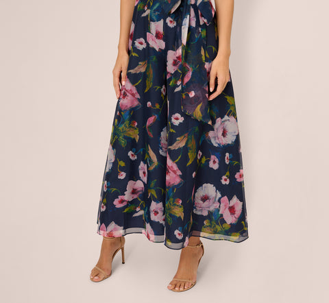 Sleeveless Floral Organza Jumpsuit With Cropped Wide Legs In Navy Multi