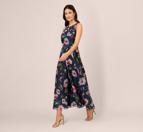 Sleeveless Floral Organza Jumpsuit With Cropped Wide Legs In Navy Multi