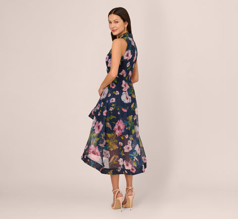 Floral Printed High Low Organza Halter Dress In Navy Multi