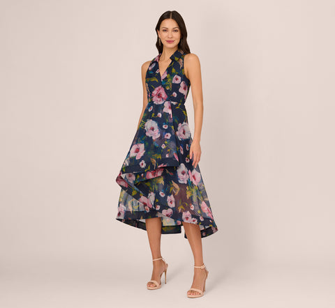 Floral Printed High Low Organza Halter Dress In Navy Multi