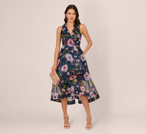 Floral Printed High Low Organza Halter Dress In Navy Multi