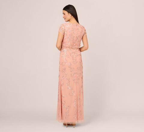 Beaded Blouson Mermaid Gown With Sheer Short Sleeves In Coral Coast