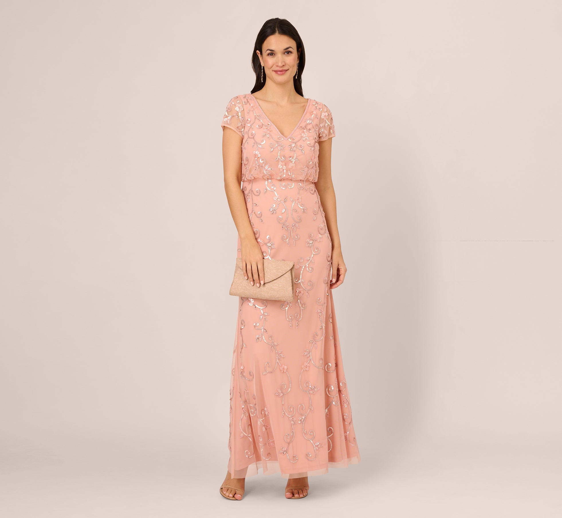 Beaded Blouson Mermaid Gown With Sheer Short Sleeves In Coral