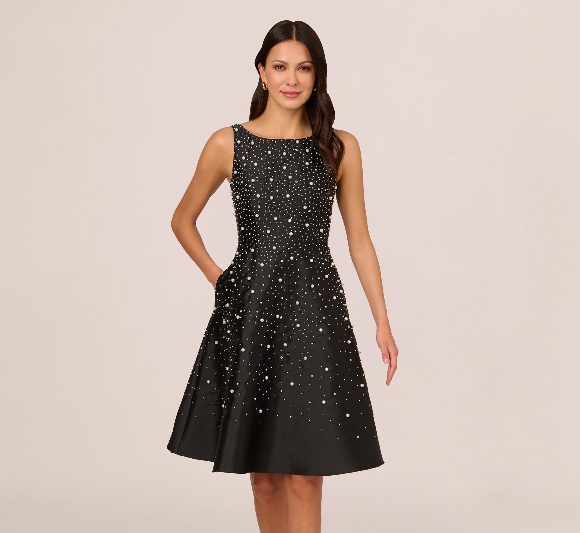 Pearl Beaded Taffeta Sleeveless Midi Dress With Pockets In Black