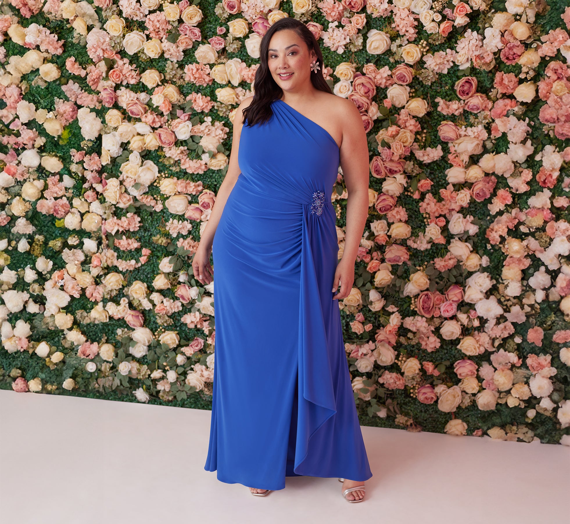 Plus Size One Shoulder Draped Jersey Gown With Floral Sequin Accents In Brilliant Sapphire 1