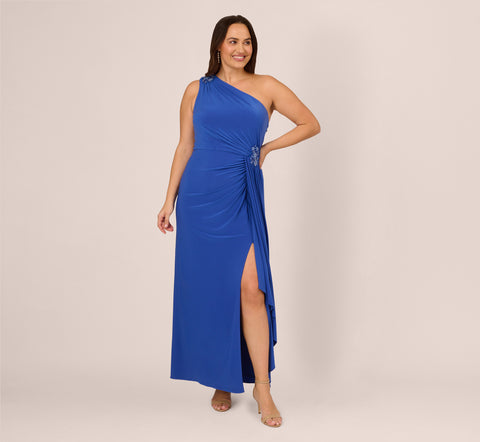 Plus Size One Shoulder Draped Jersey Gown With Floral Sequin Accents I –  Adrianna Papell