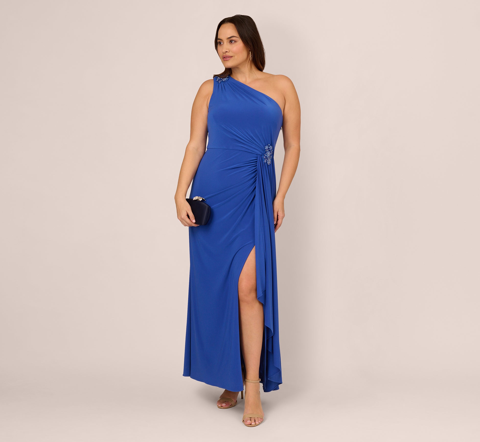 Plus Size One Shoulder Draped Jersey Gown With Floral Sequin