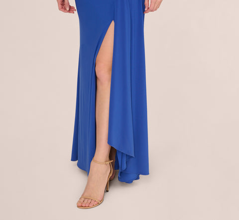 One Shoulder Draped Jersey Gown With Floral Sequin Accents In Brilliant Sapphire