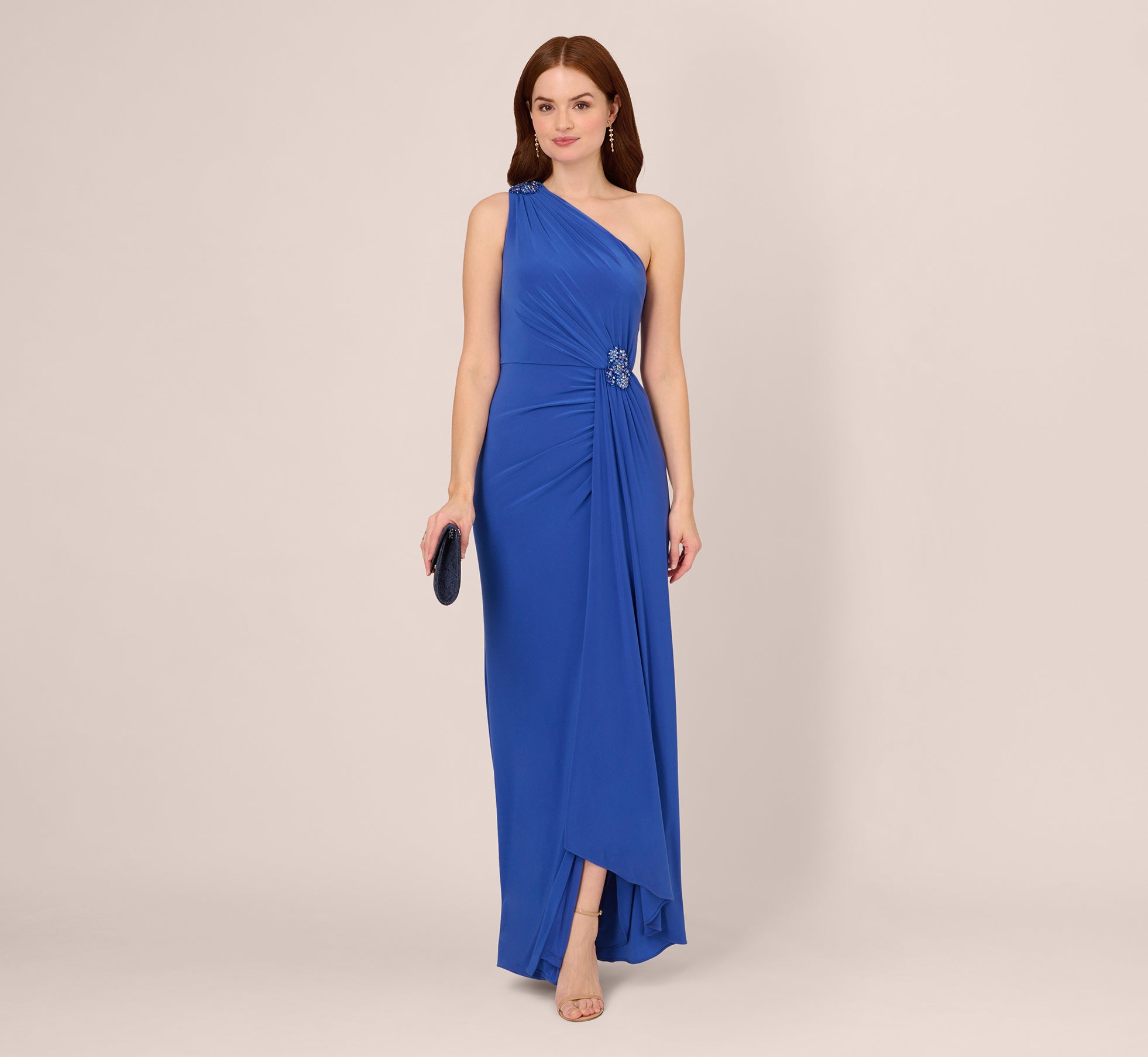 One Shoulder Draped Jersey Gown With Floral Sequin Accents In