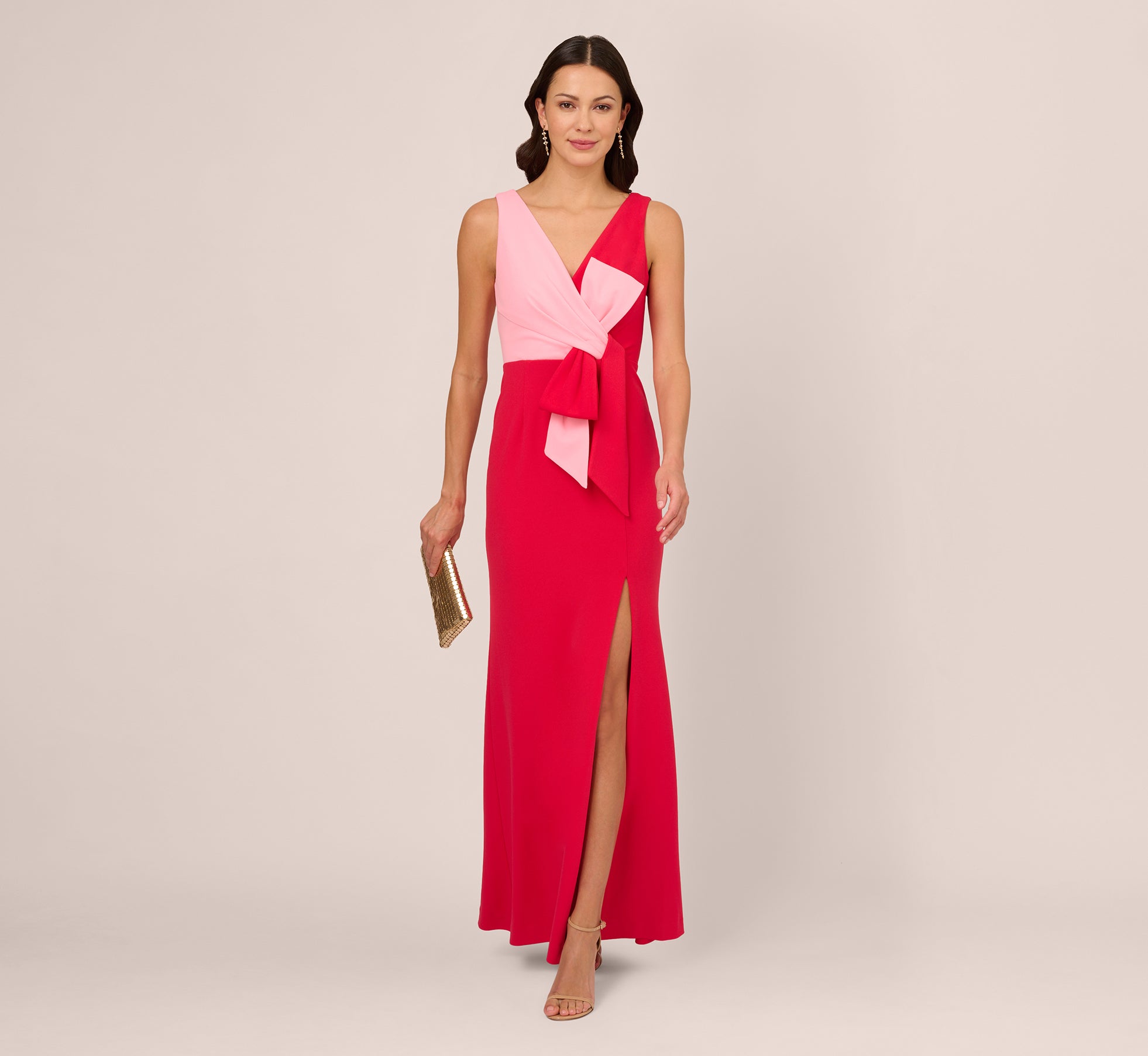 Two Tone Mermaid Gown With Large Bow Waist In Pink Red Adrianna