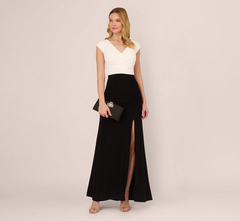 Colorblock Mermaid Gown With Pleated Details In Black Ivory