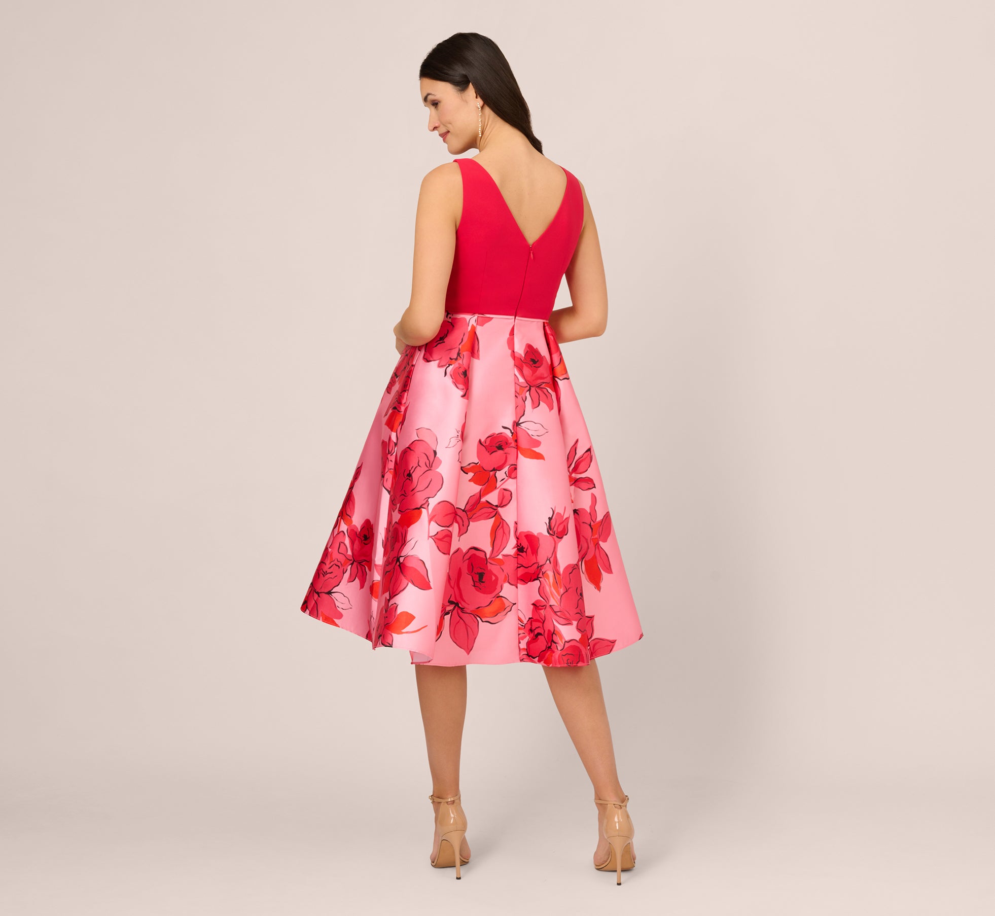 Sleeveless Midi Dress With Floral Printed Mikado Skirt In Pink Red