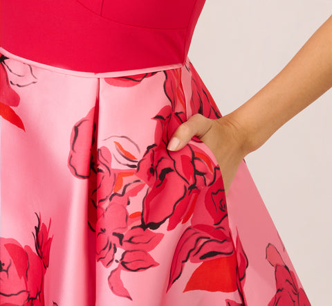 Sleeveless Midi Dress With Floral Printed Mikado Skirt In Pink Red Multi