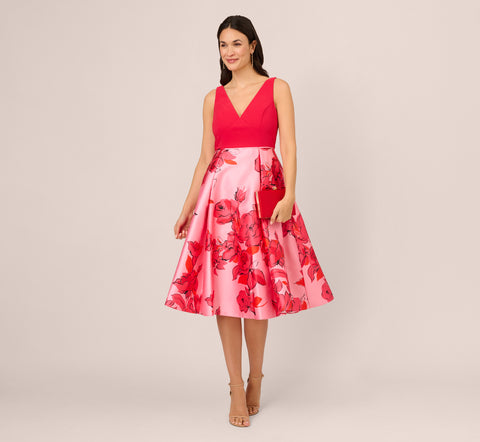 Sleeveless Midi Dress With Floral Printed Mikado Skirt In Pink Red Multi