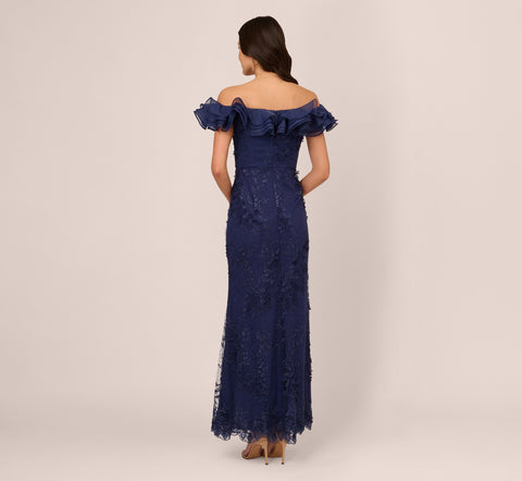 Ruffle Off The Shoulder Floral Lace Gown In Light Navy