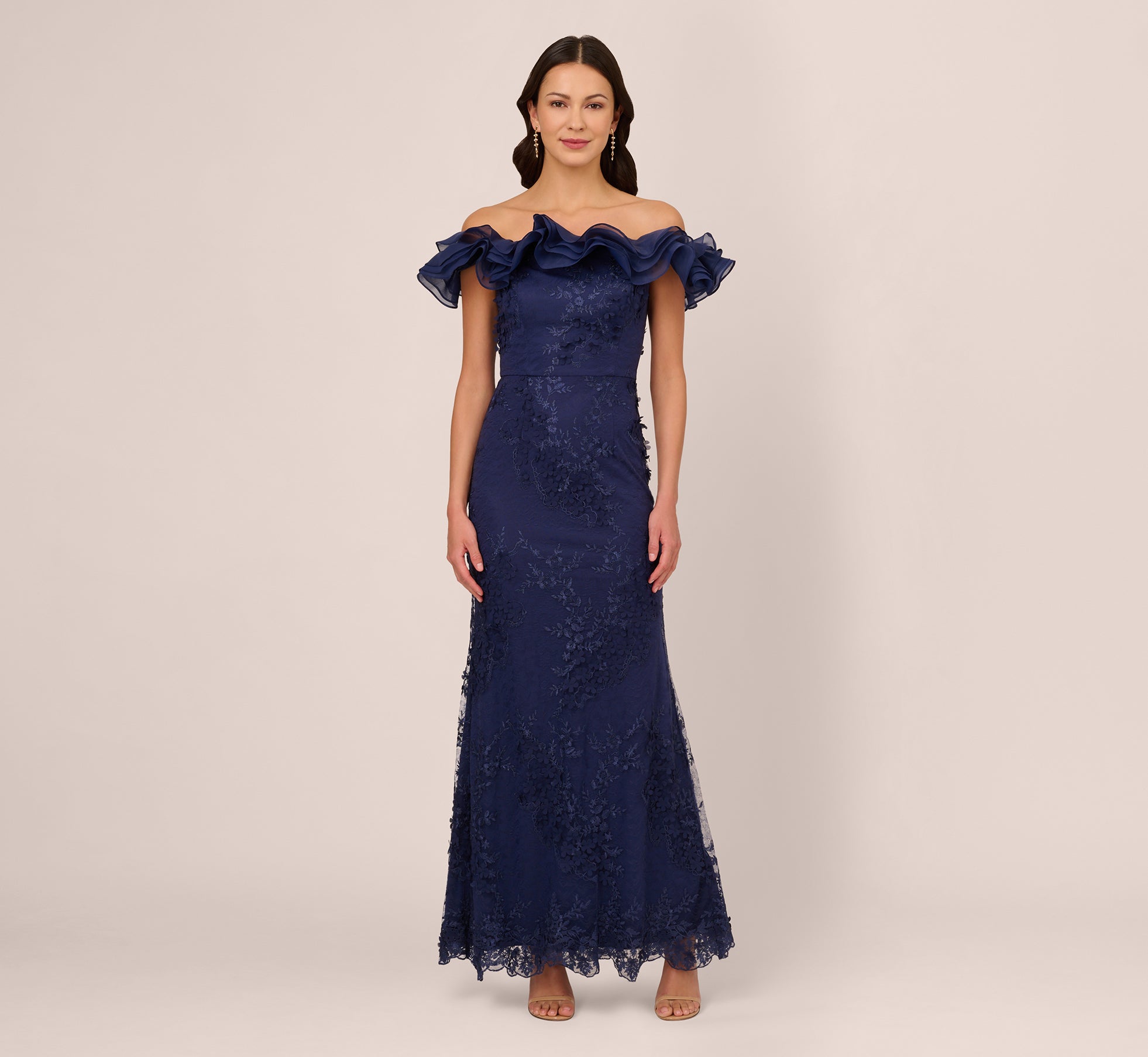 Ruffle Off The Shoulder Floral Lace Gown In Light Navy 1