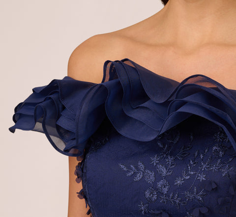 Ruffle Off The Shoulder Floral Lace Gown In Light Navy