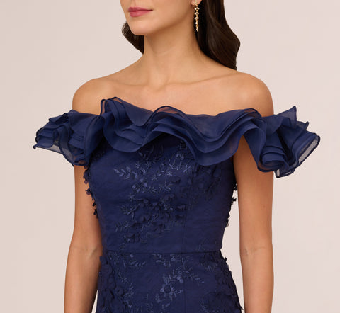 Ruffle Off The Shoulder Floral Lace Gown In Light Navy