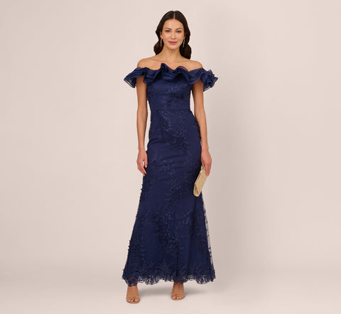 Ruffle Off The Shoulder Floral Lace Gown In Light Navy