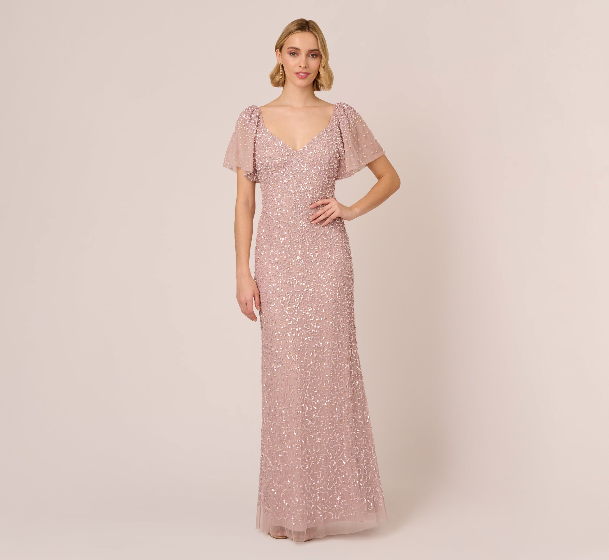 Pearl Beaded Mermaid Gown With Flutter Sleeves In Cameo Adrianna