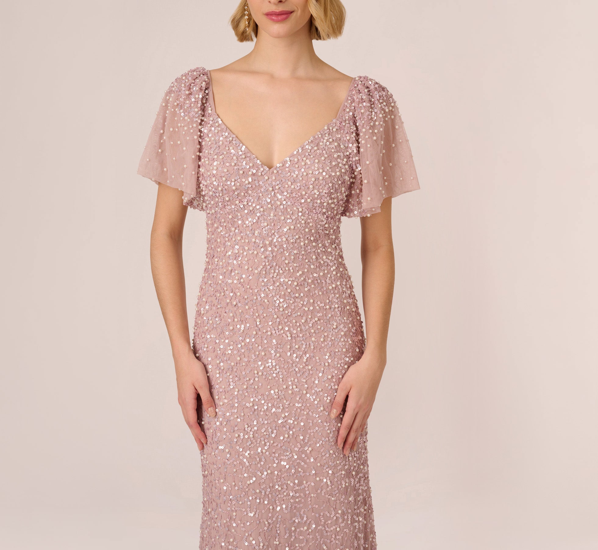 Pearl Beaded Mermaid Gown With Flutter Sleeves In Cameo Adrianna