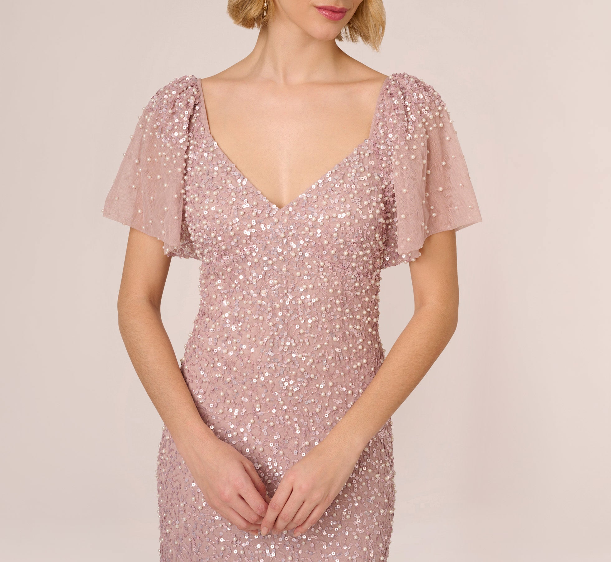 sequin beaded cocktail dress with flutter sleeves and scallop trim