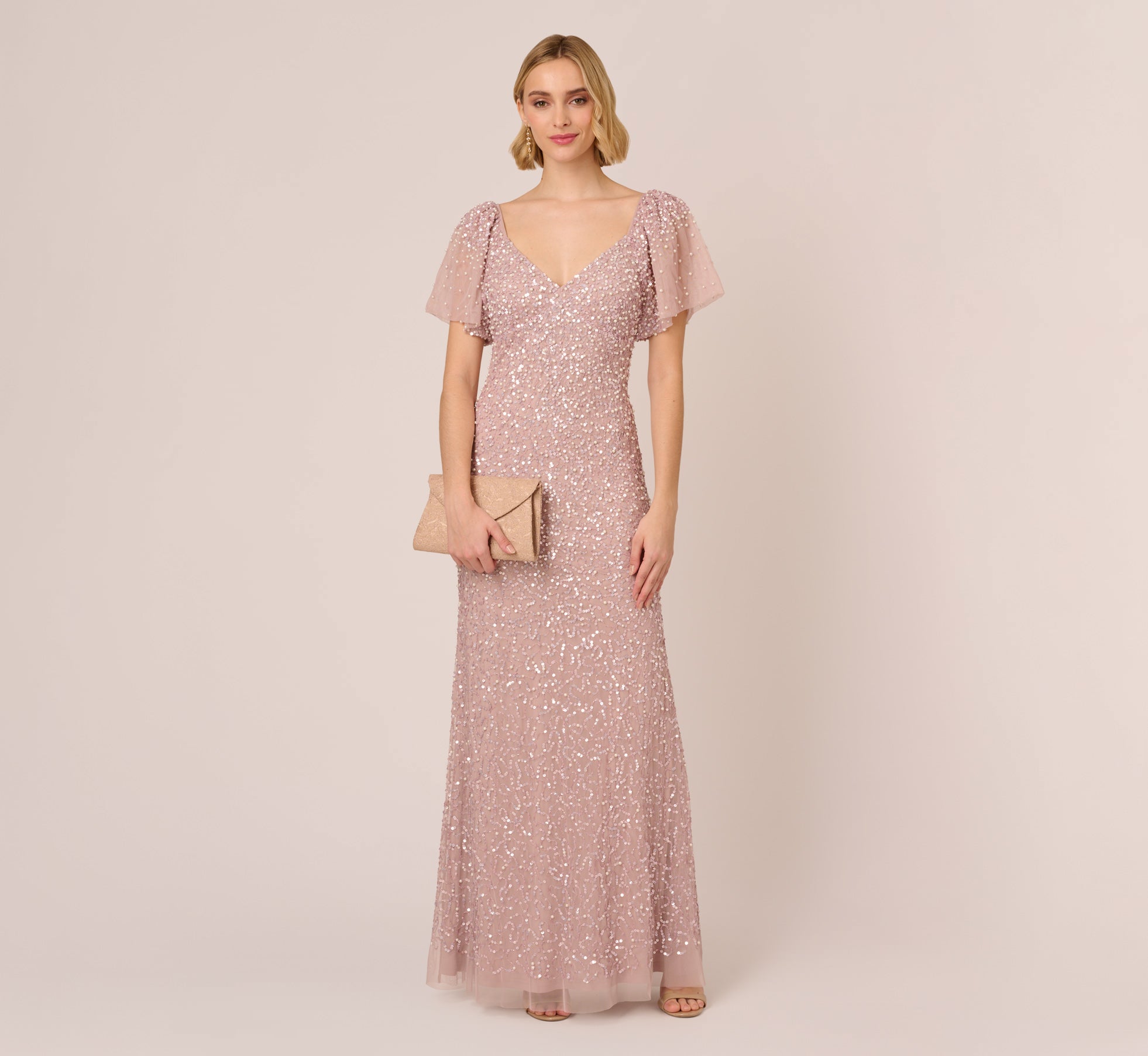 Pearl Beaded Mermaid Gown With Flutter Sleeves In Cameo Adrianna