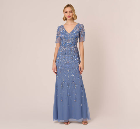 3D Floral Beaded Mermaid Gown With Sheer Short Sleeves In French Blue