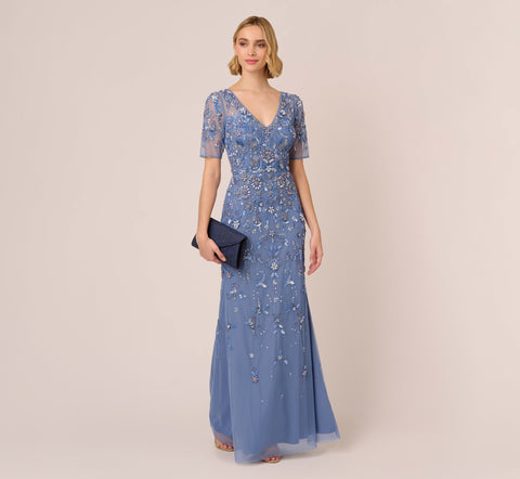 3D Floral Beaded Mermaid Gown With Sheer Short Sleeves In French Blue
