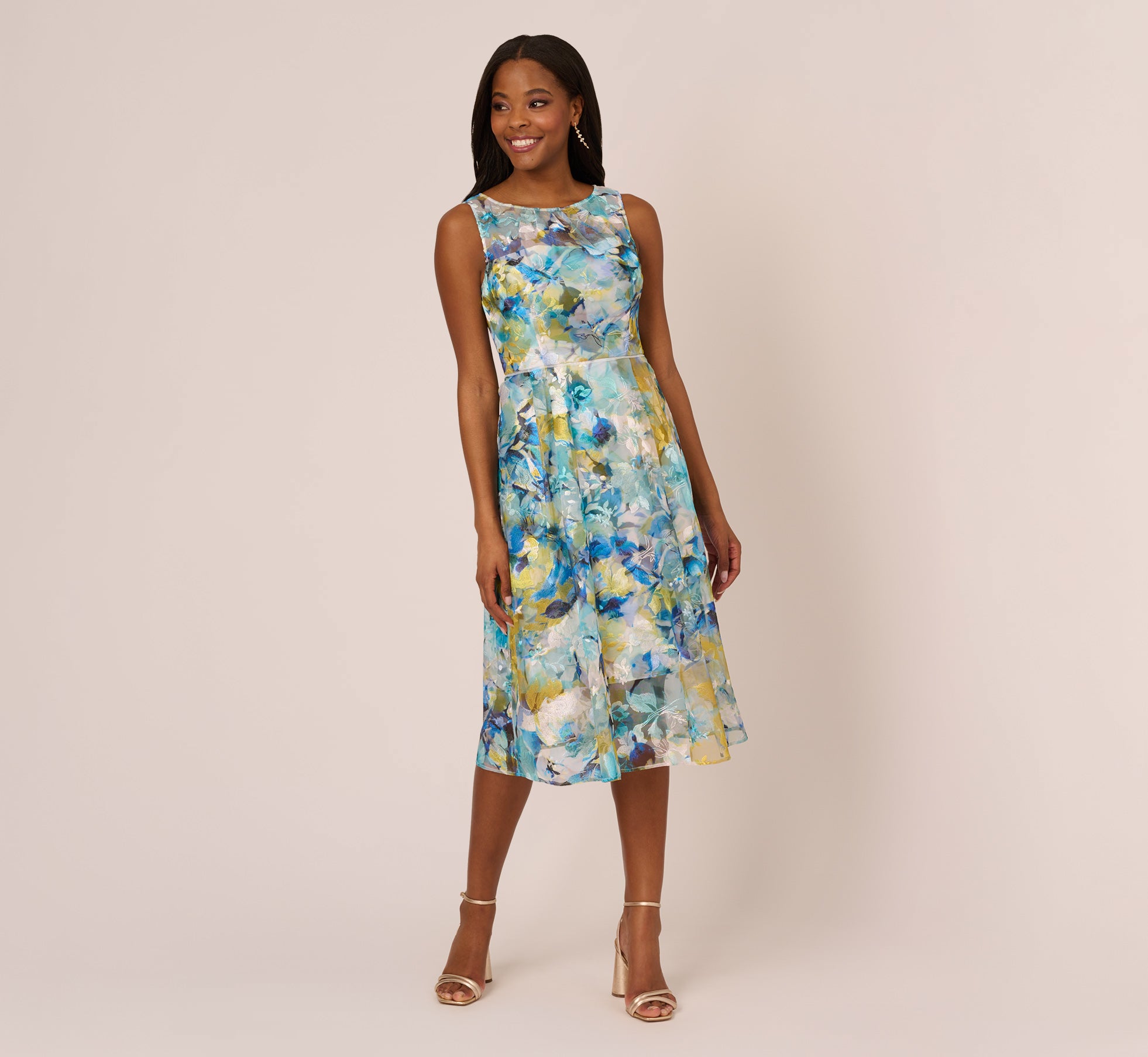 Floral Print Sleeveless Midi Dress With Sheer Neckline In Blue Ivory Multi 1