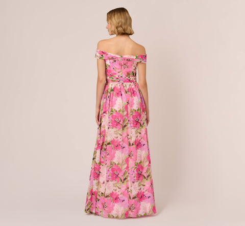 Painterly Floral Print Off The Shoulder Gown With Twisted Bust In Pink Multi