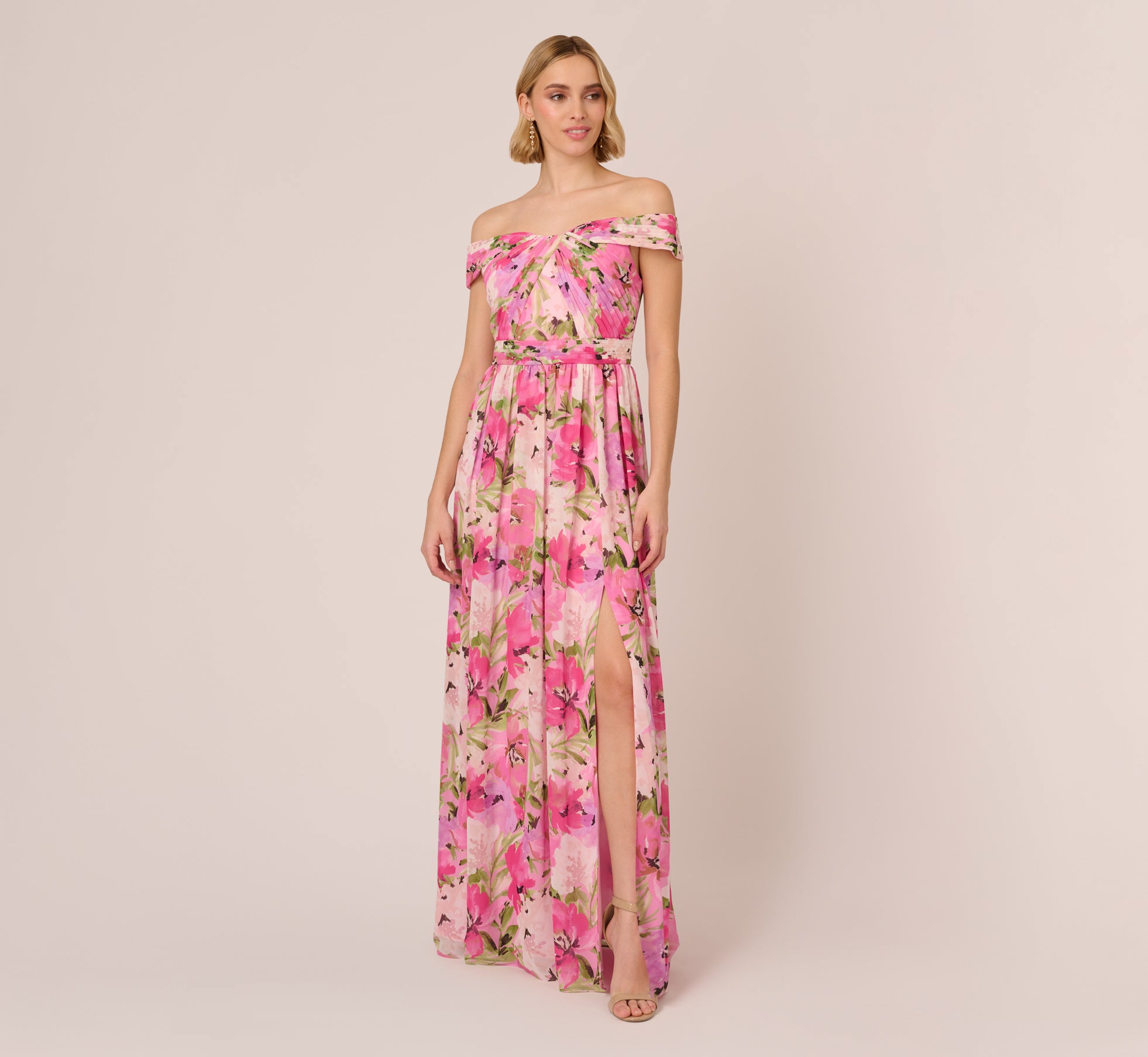 Painterly Floral Print Off The Shoulder Gown With Twisted Bust In Pink Multi 1