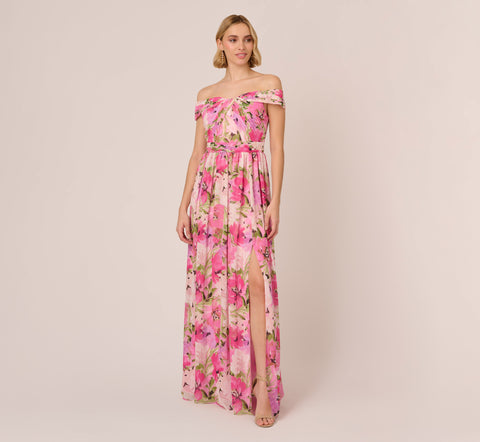 Painterly Floral Print Off The Shoulder Gown With Twisted Bust In Pink Multi