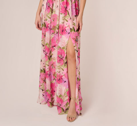 Painterly Floral Print Off The Shoulder Gown With Twisted Bust In Pink Multi