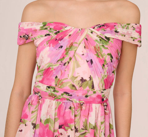 Painterly Floral Print Off The Shoulder Gown With Twisted Bust In Pink Multi