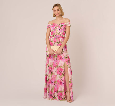 Painterly Floral Print Off The Shoulder Gown With Twisted Bust In Pink Multi