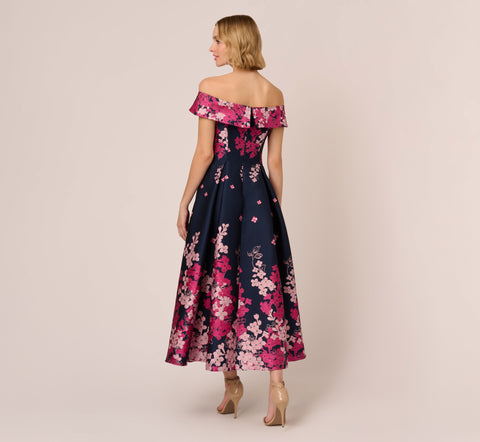 Floral Jacquard Ankle Length Dress With Off The Shoulder Neckline In Navy Pink Multi