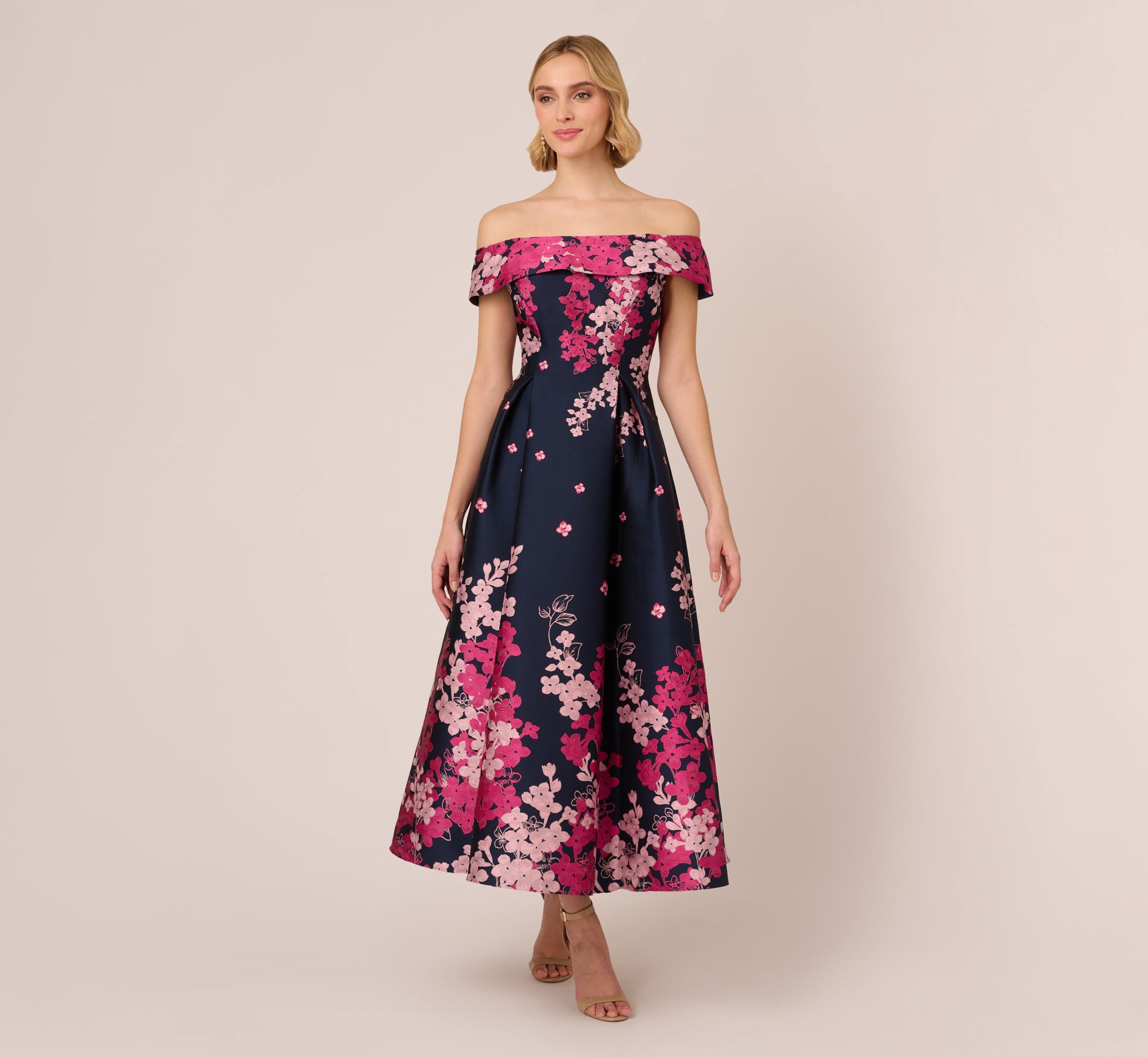 Floral Jacquard Ankle Length Dress With Off The Shoulder Neckline