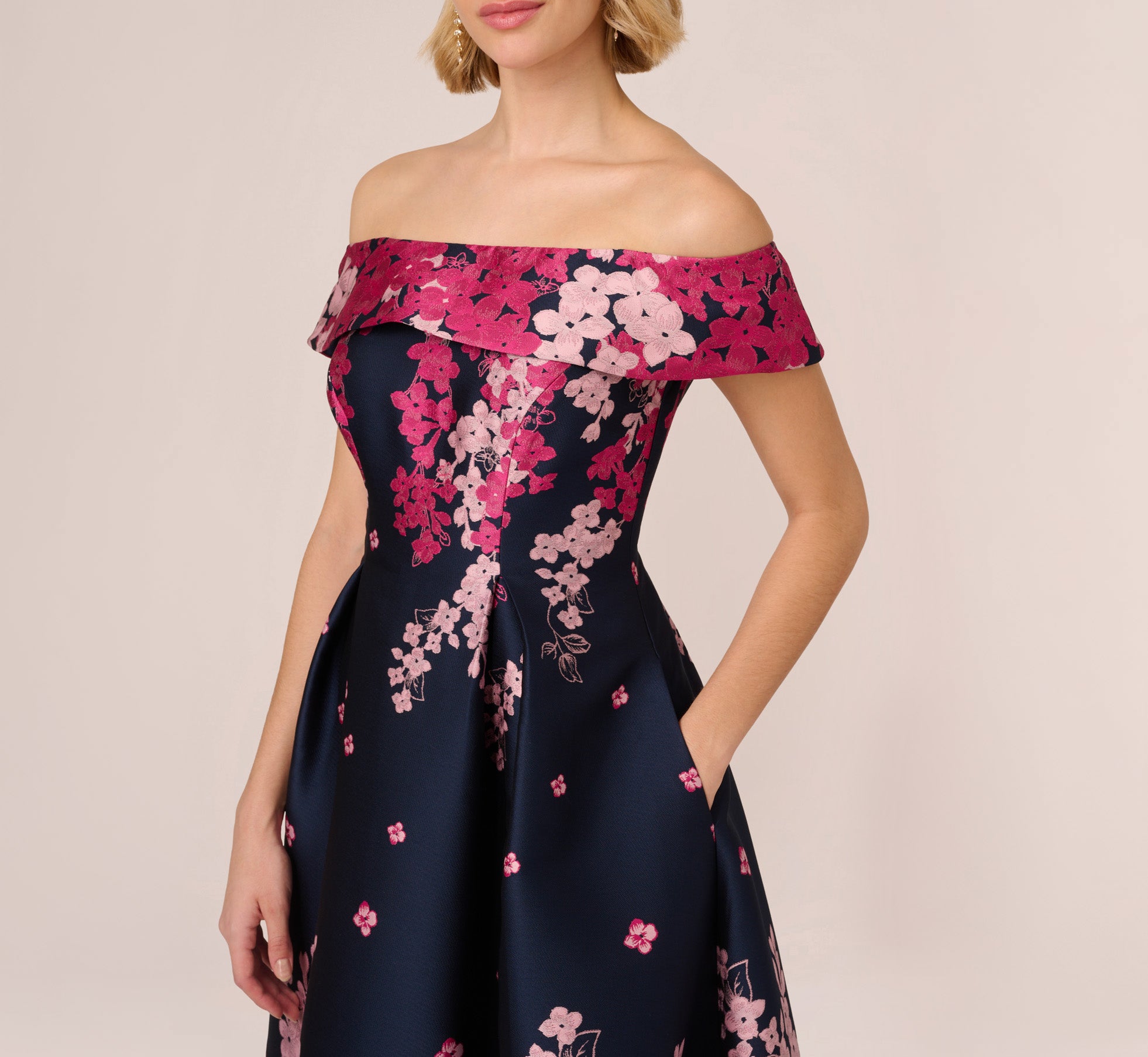 Floral Jacquard Ankle Length Dress With Off The Shoulder Neckline