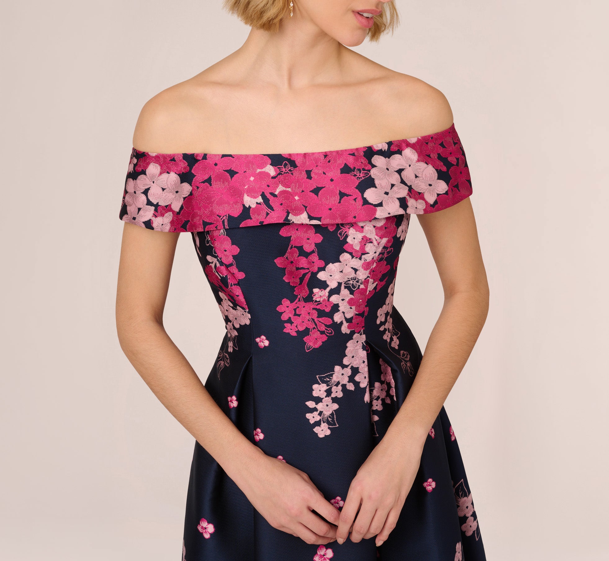 Floral Jacquard Ankle Length Dress With Off The Shoulder Neckline