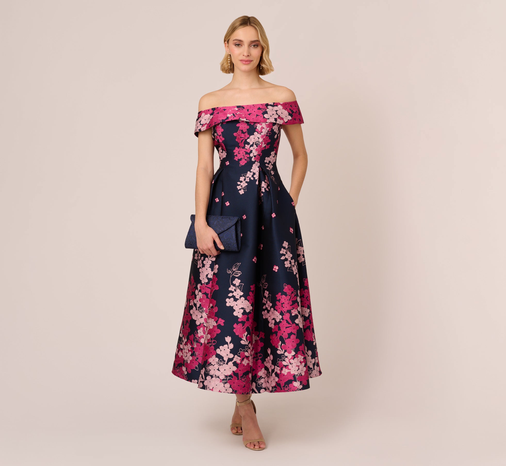 Floral Jacquard Ankle Length Dress With Off The Shoulder Neckline