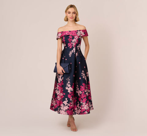 Floral Jacquard Ankle Length Dress With Off The Shoulder Neckline In Navy Pink Multi