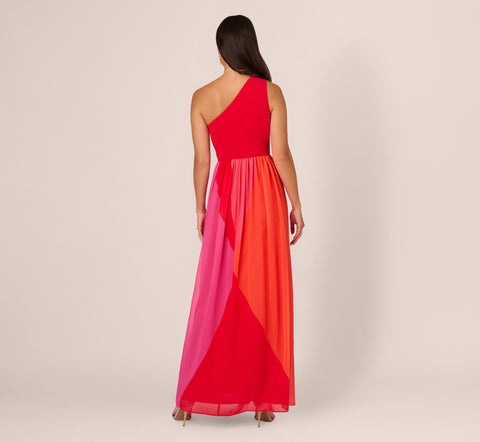 One Shoulder Gown With Color Block Chiffon Skirt In Red Multi