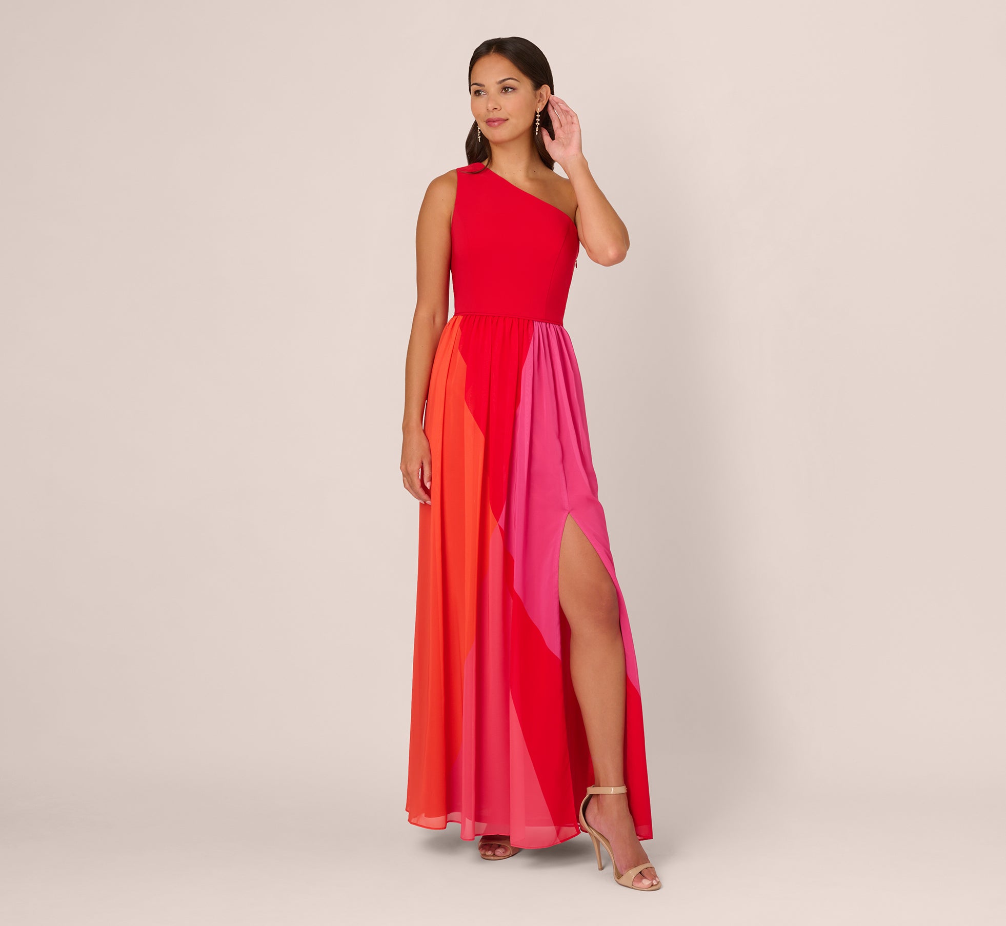 One Shoulder Gown With Color Block Chiffon Skirt In Red Multi 1