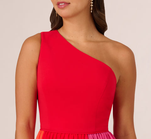 One Shoulder Gown With Color Block Chiffon Skirt In Red Multi