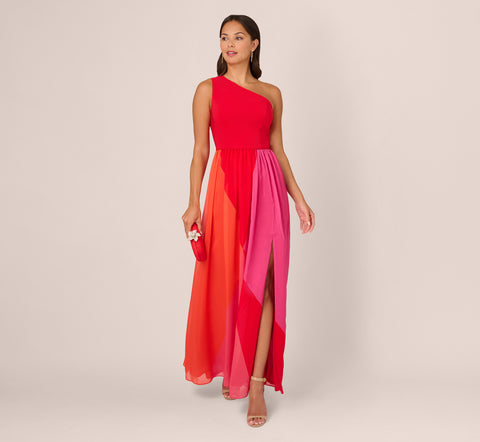 One Shoulder Gown With Color Block Chiffon Skirt In Red Multi