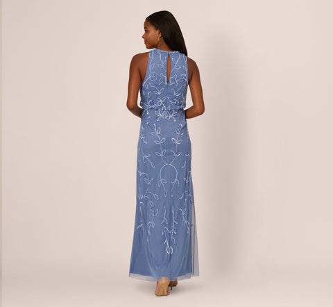 Sleeveless Blouson Mermaid Gown With Jasmine Beading In French Blue