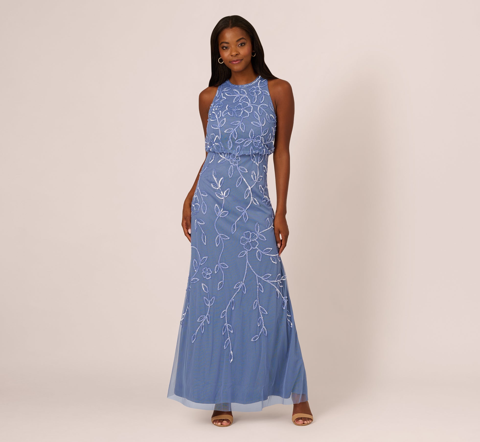 Sleeveless Blouson Mermaid Gown With Jasmine Beading In French Blue 1