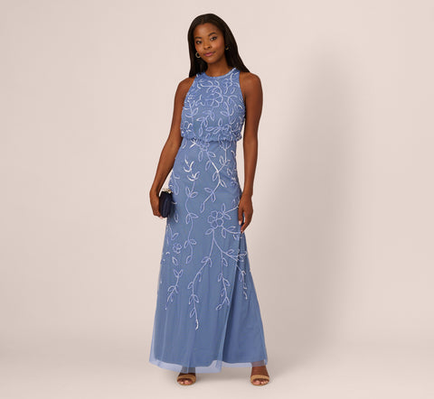 Sleeveless Blouson Mermaid Gown With Jasmine Beading In French Blue